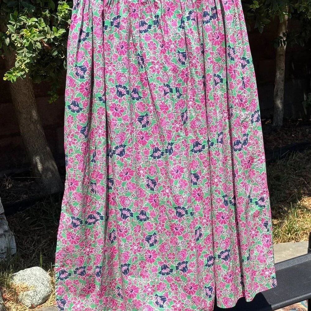 Sundry‎ Floral Cotton Midi Skirt Pink Green Navy Pull-On Boho Cottagecore L